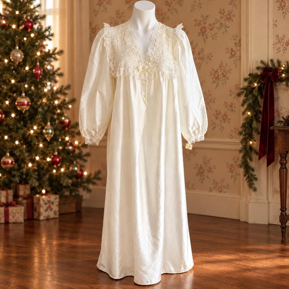 Vintage Christian Dior NWT 1980s Ivory Satin Lace Victorian Nightgown Size Small